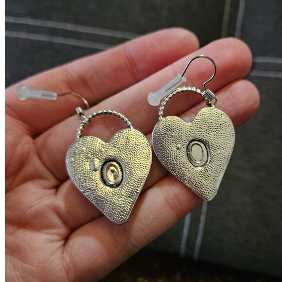 Boutique Textured Silver-Tone Heart-Shaped Earrings w/ Hot Pink Stone - Picture 5 of 6